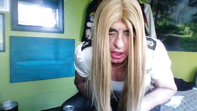 Blonde crossdresser in navy uniform begs for cum in throat closeup