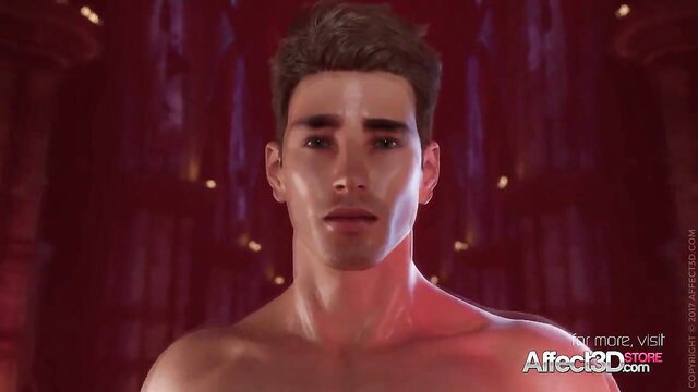 Handsome shirtless knight in red-lit chamber, 3D hentai style