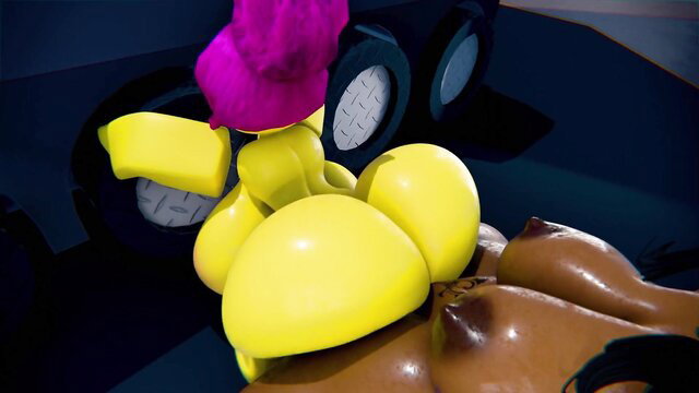 Shiny yellow inflatable toon girl with huge yellow ass and tits in dark room