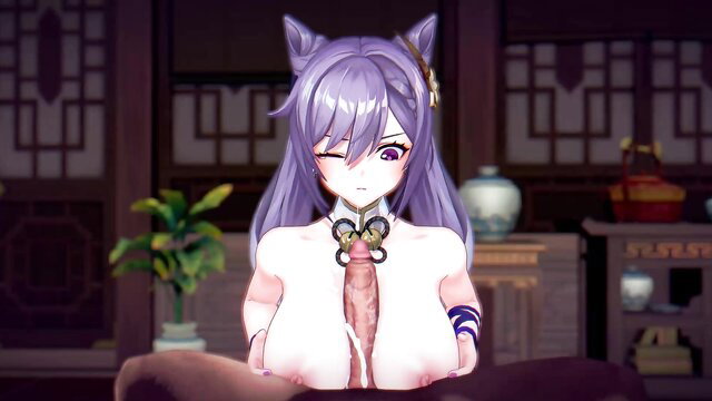 Purple-haired catgirl with huge tits exposing cleavage in lingerie