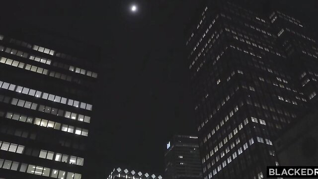 Night city skyline with lit skyscrapers and moon Blacked Raw watermark
