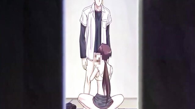 Anime hentai man stands over kneeling purple-haired girl sucking censored cock