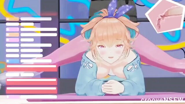 Cute orange-haired anime girl in splits pose, smiling playfully on live stream