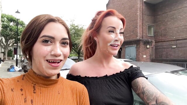 Artemis Carmona & Zoey Grey cumwalk in London, brunette & redhead smiling outdoors
