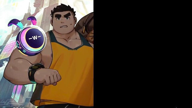 Muscular brown-haired man in tank top with glowing armband and bunny ears girl