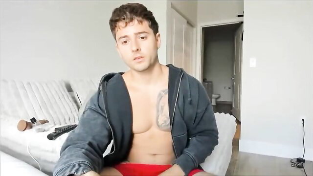 Hot straight boy shirtless in hoodie and red shorts on cam