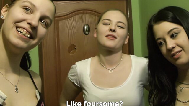 Three cute teen girls smiling in tight tops, teasing foursome fun