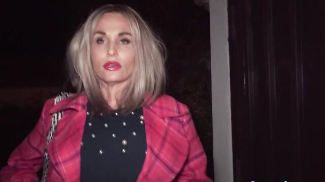 Blonde MILF Laura Crystal in pink plaid coat public tease