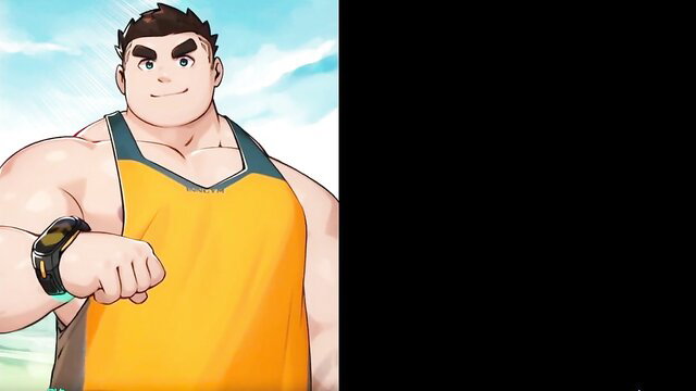 Muscular anime hunk in yellow tank top flexing beefy arms, bara style