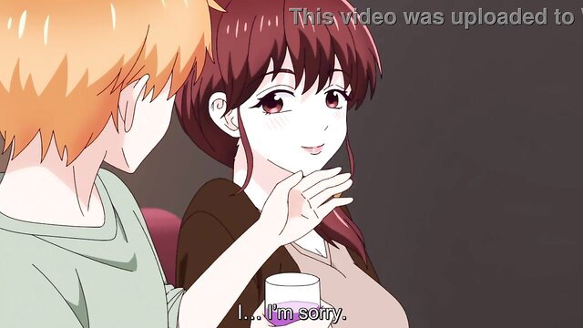 Anime couple intimate moment, redhead girl smiling apologetically to orange-haired guy