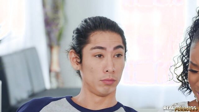 Cute Asian guy with busty MILF and hot ebony sharing huge white cock