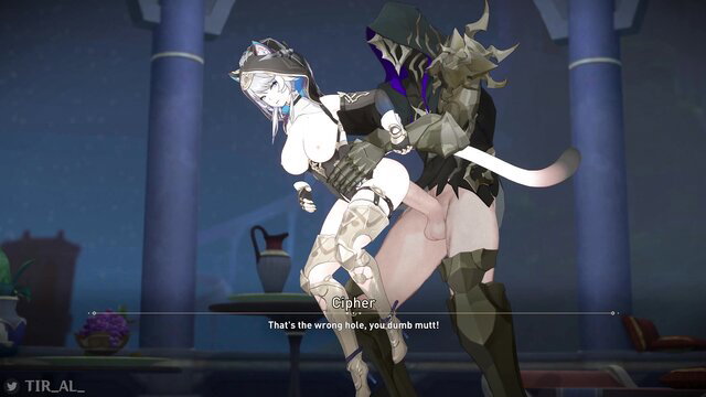 Cipher catgirl roughly fucked from behind in tight bodysuit, censored hentai subbed