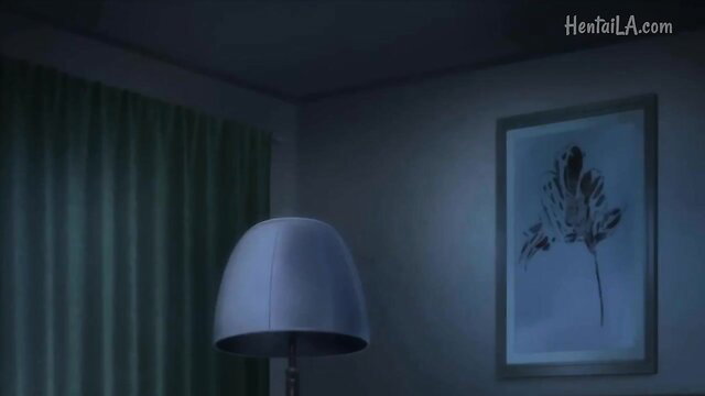 Busty hentai girl in dimly lit room with lamp and art