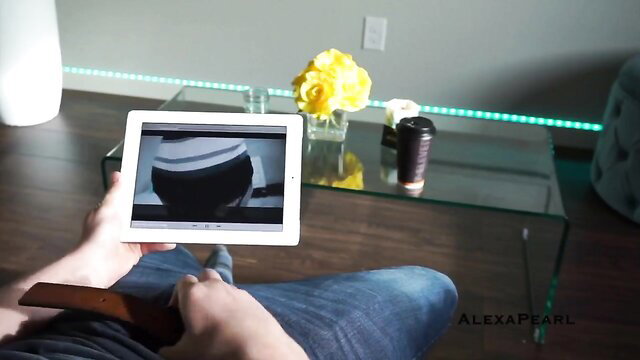 Alexa Pearl hot busty babe watches tablet solo on couch