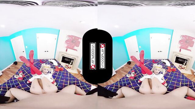 Blonde cosplay girl spreads legs wide, exposing pussy in wild uniform tease