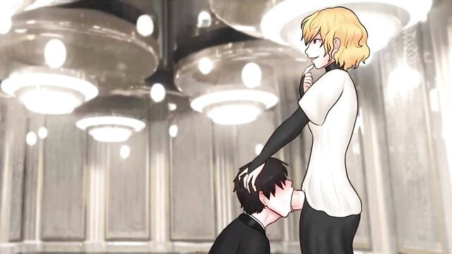 Blonde futa domme gropes black-haired sub's head in erotic scene