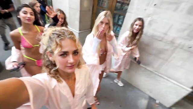 Hot young models in bikinis and robes at NYFW backstage selfie