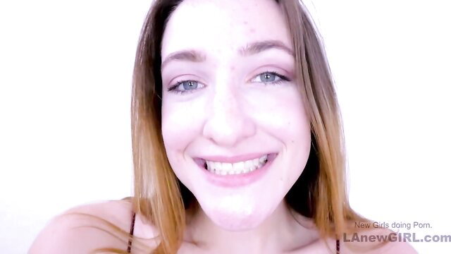 Smiling 19yo teen with green eyes at modeling audition POV