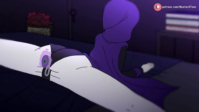 Purple-hooded goth girl in black panties with dildo at night