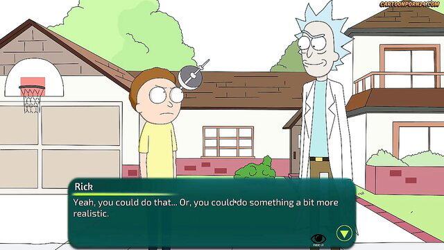 Rick and Morty parody hentai thumbnail with Morty and Rick in backyard