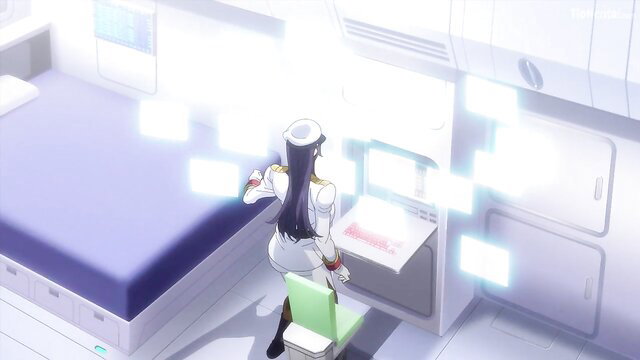 Anime nurse with long black hair stands in room, tight uniform hugs curves