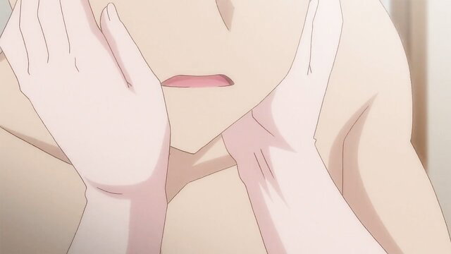 Anime hentai girl groping nude guy's face and neck closeup