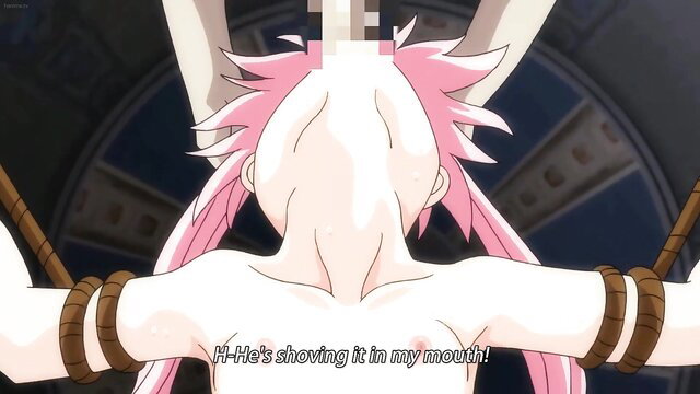 Pink-haired anime girl bound, forced mouth penetration in hentai Ep.2
