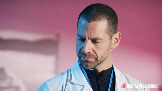 Alessandra Jane in sexy white lab coat, sultry gaze