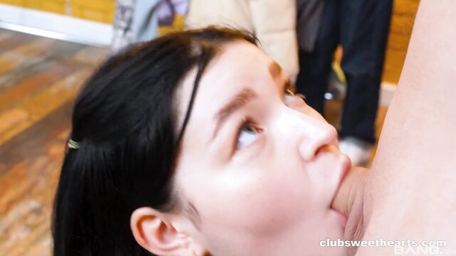 Cute Asian teen girl sucking big cock closeup in threesome