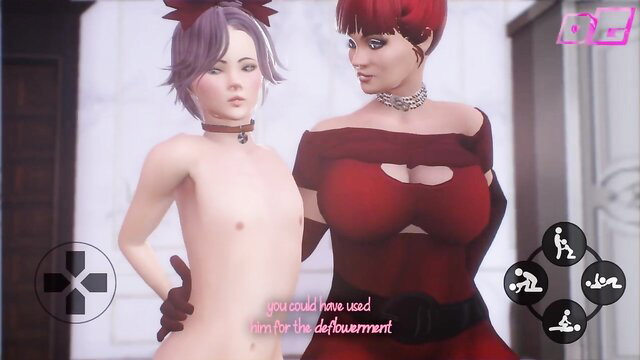 Redhead femdom in red dress dominates nude silver-haired femboy in hentai