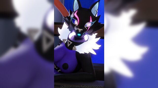 Sexy blue anthropomorphic fox girl in purple lingerie posing seductively