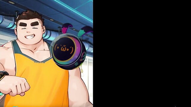 Buff anime guy flexing muscles with glowing dumbbell in gym