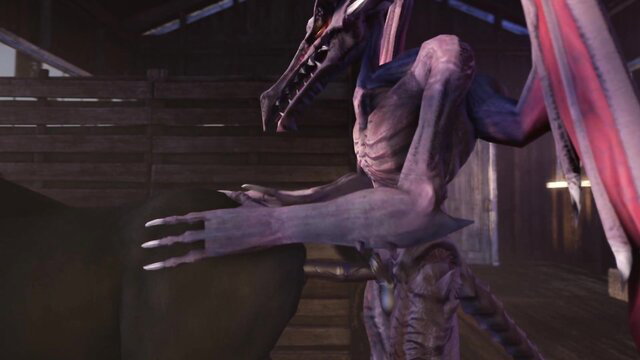 Monster dragon creature fucking horse in dark barnyard barn scene