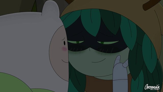 Cute cartoon green-haired elf girl nuzzling pink bunny boy in intimate embrace