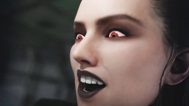 Seductive vampire woman with red eyes and fangs bares teeth closeup