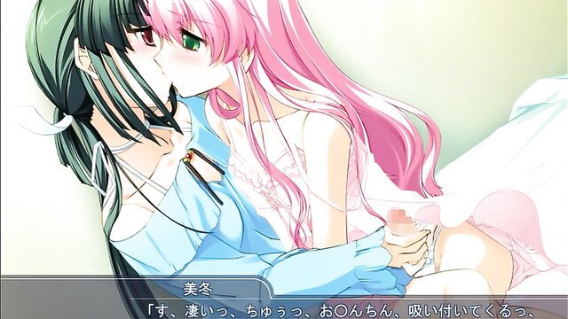 Mifuyu Akiyama pink hair anime girl kissing green hair girl in lingerie