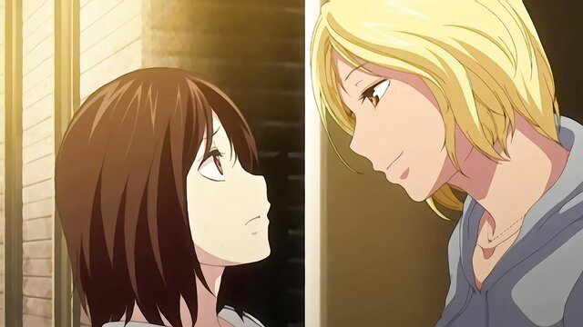 Anime virgin teen stares intimately at blonde guy in steamy hentai scene