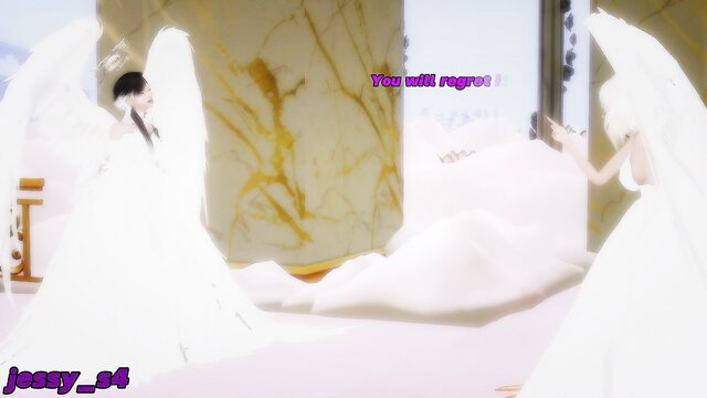 Two sexy Asian brides in white wedding dresses, glowing angel wings, seductive pose