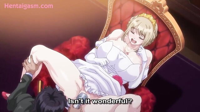 Blonde hentai princess in wedding dress gets fucked on throne