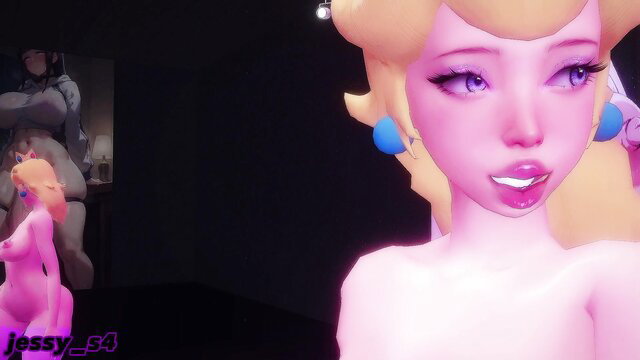Princess Peach nude 3D hentai dance, topless blonde beauty posing seductively