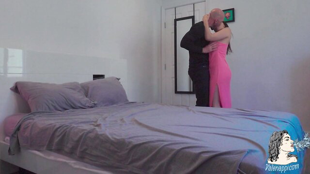 Valentina Nappi kissing man passionately in tight pink dress