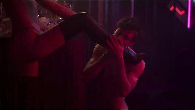 Supersex 2024 threesome bar scene with women in stockings dominating nude man