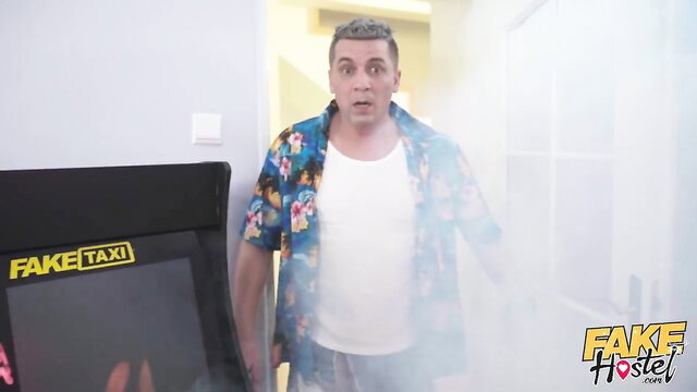 Busty big ass moms bang in Fake Hostel arcade game scene