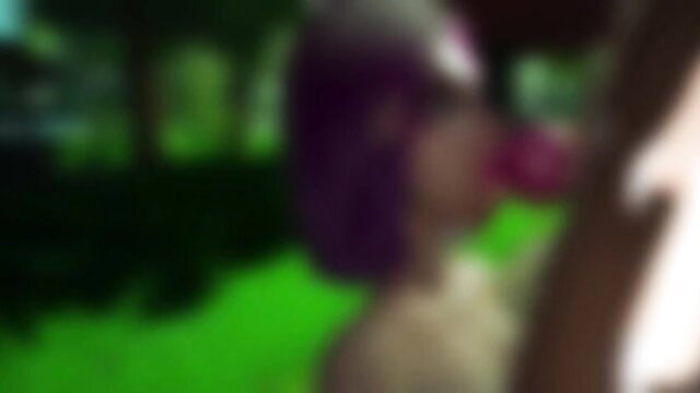 Blurry purple-haired girl in park kisses futa childhood friend outdoors
