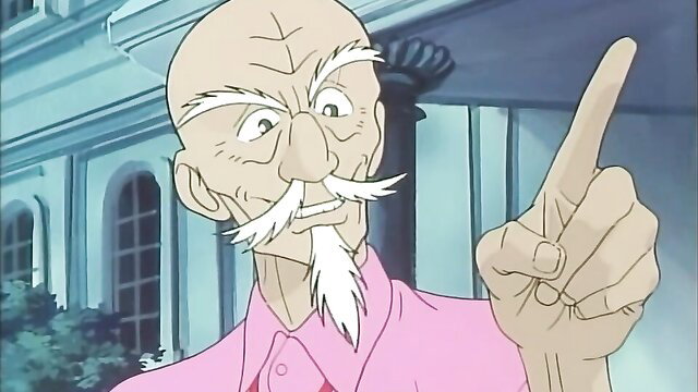 Angry bald old man with white mustache points in pink shirt, JAV sex adventure thumbnail