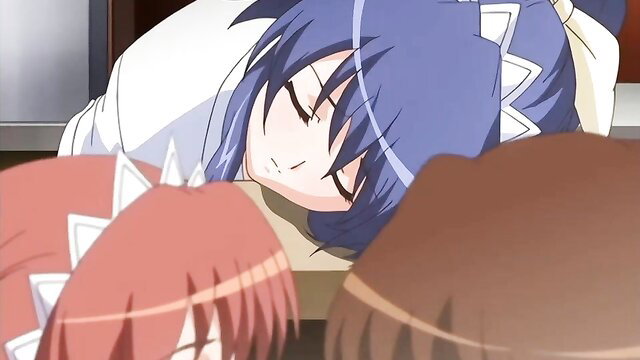 Two cute anime step-sis girls sleeping side-by-side, blue and red hair