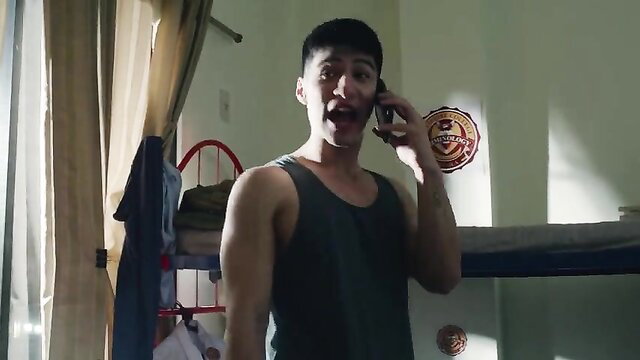 Hershie de Leon shirtless Asian guy on phone in Moonlight Butterfly nude scene