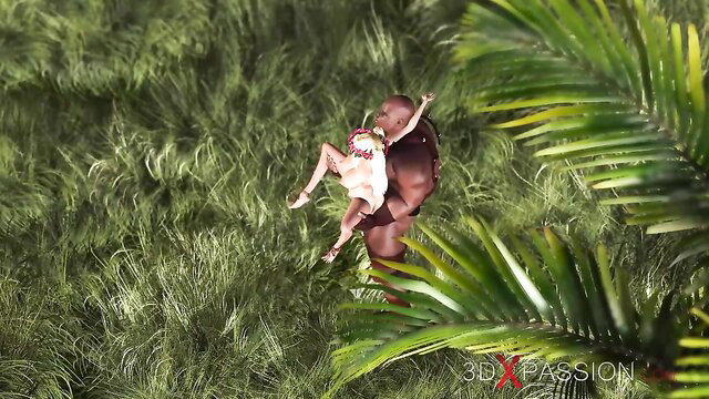 3D animated black hunk carries petite white sugar baby in tropical grass fuck