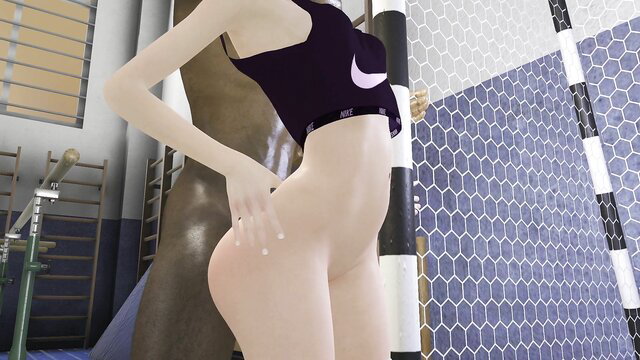 Slim anime girl in Nike crop top bends over, showing big pale ass in gym