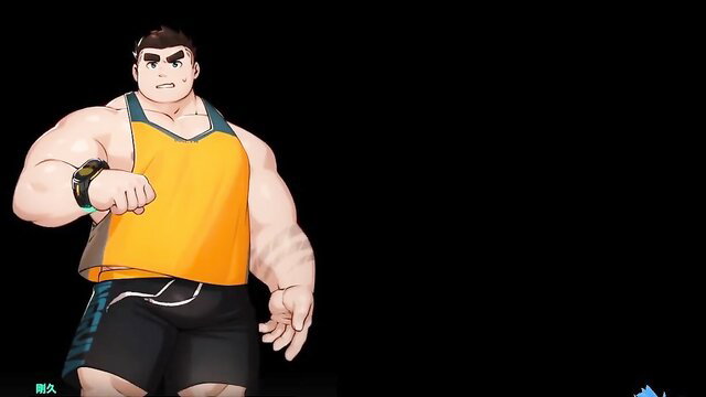 Muscular anthropomorphic wolf man in yellow tank top and black shorts flexing intensely